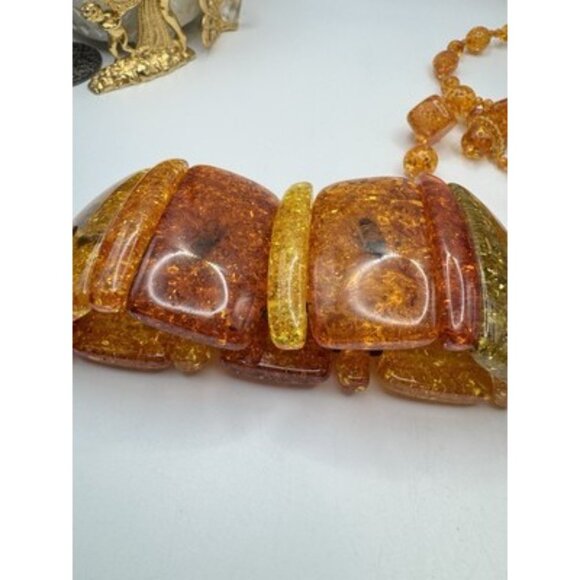 Chunky Ambar Lucite Necklace & Bracelet Large Glitter Set ArtDeco Styel 3 Tones - Picture 10 of 11
